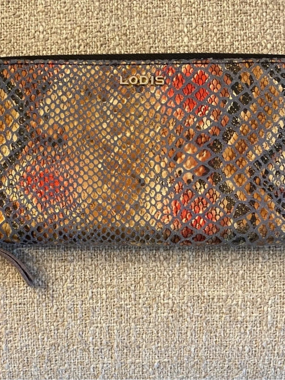 Lodis Embossed Snake Print Zip Around Wallet Brown Rust